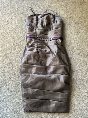 Sophia Tolli Taupe Strapless Sheath Dress with Purple Waistband bridal formal